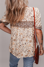 Khaki Boho Floral Print Half Placket Blouse