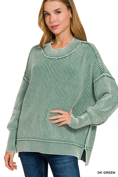 Washed Oversized Sweater with Hem Slits