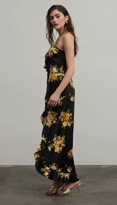 Black Floral Ruffle Wrap Dress