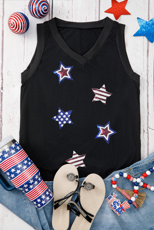 Black Sequined American Flag Patch Exposed Seam Tank Top