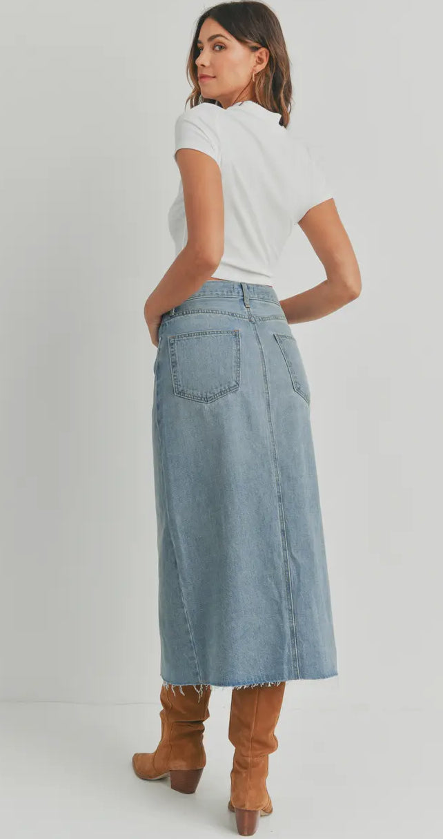 Long High Waist Slit Hem Jean Skirt