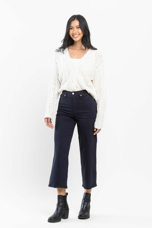 Judy Blue High Waist Tummy Control Navy Garment Dyed Wide Cropped Jeans
