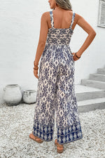Blue Boho Geo Print Shirred High Waist Wide Leg Jumpsuit