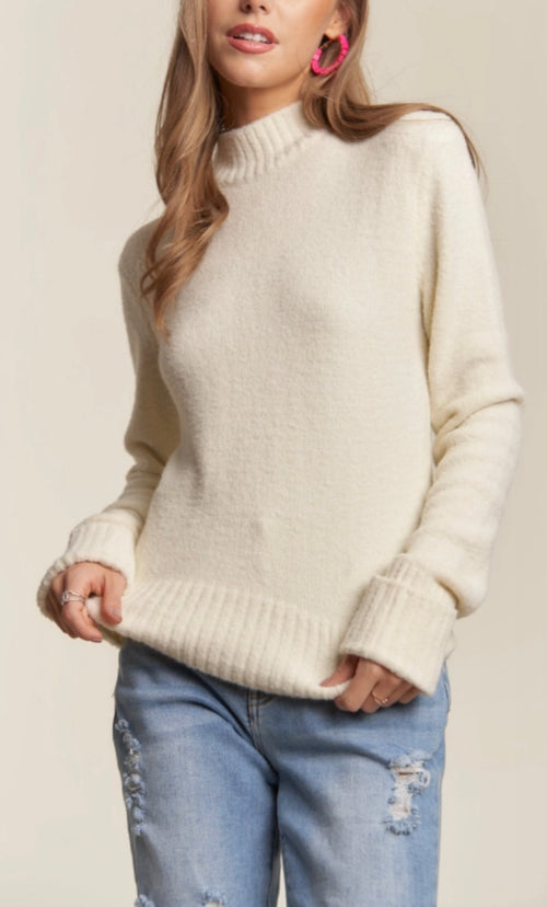 Mock Neck Sweaters in Cherry and Ivory