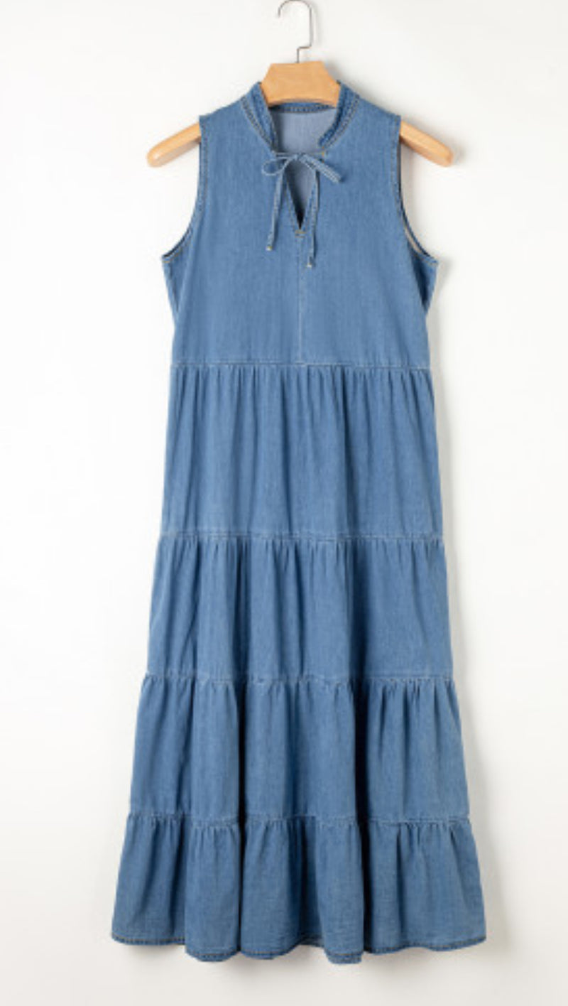 Chambray Tiered Sleeveless Dress