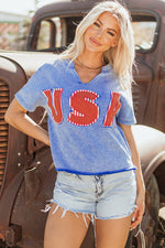 Sky Blue USA Patch Mineral Wash Notch V Neck Vintage Top