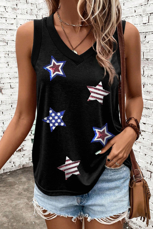 Black Sequined American Flag Patch Exposed Seam Tank Top