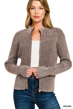 Chunky Ribbed Knit Zippered Cardigan in Black or Brown