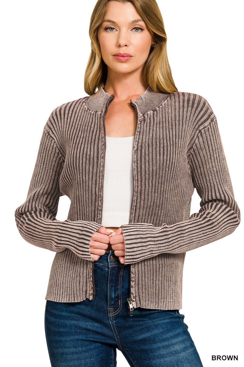Chunky Ribbed Knit Zippered Cardigan in Black or Brown