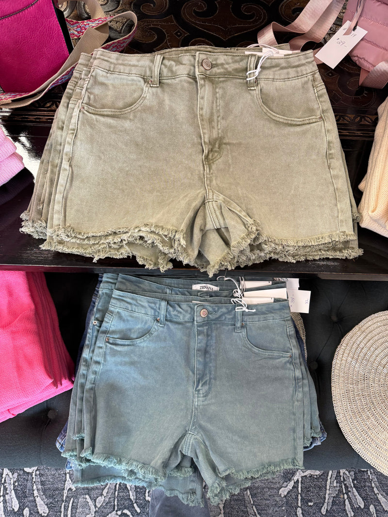 Vintage Washed Frayed Cutoff Shorts in Olive, Teal and White