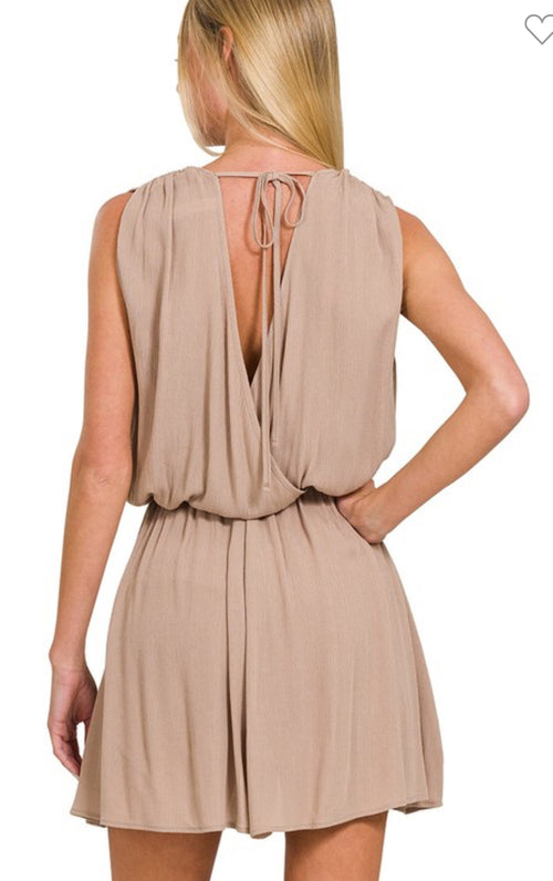 Woven Crinkle Romper W Tie Open Back