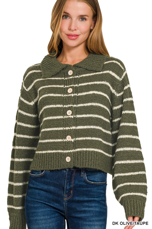 Green Cardigan with Ivory Stripes