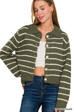Green Cardigan with Ivory Stripes