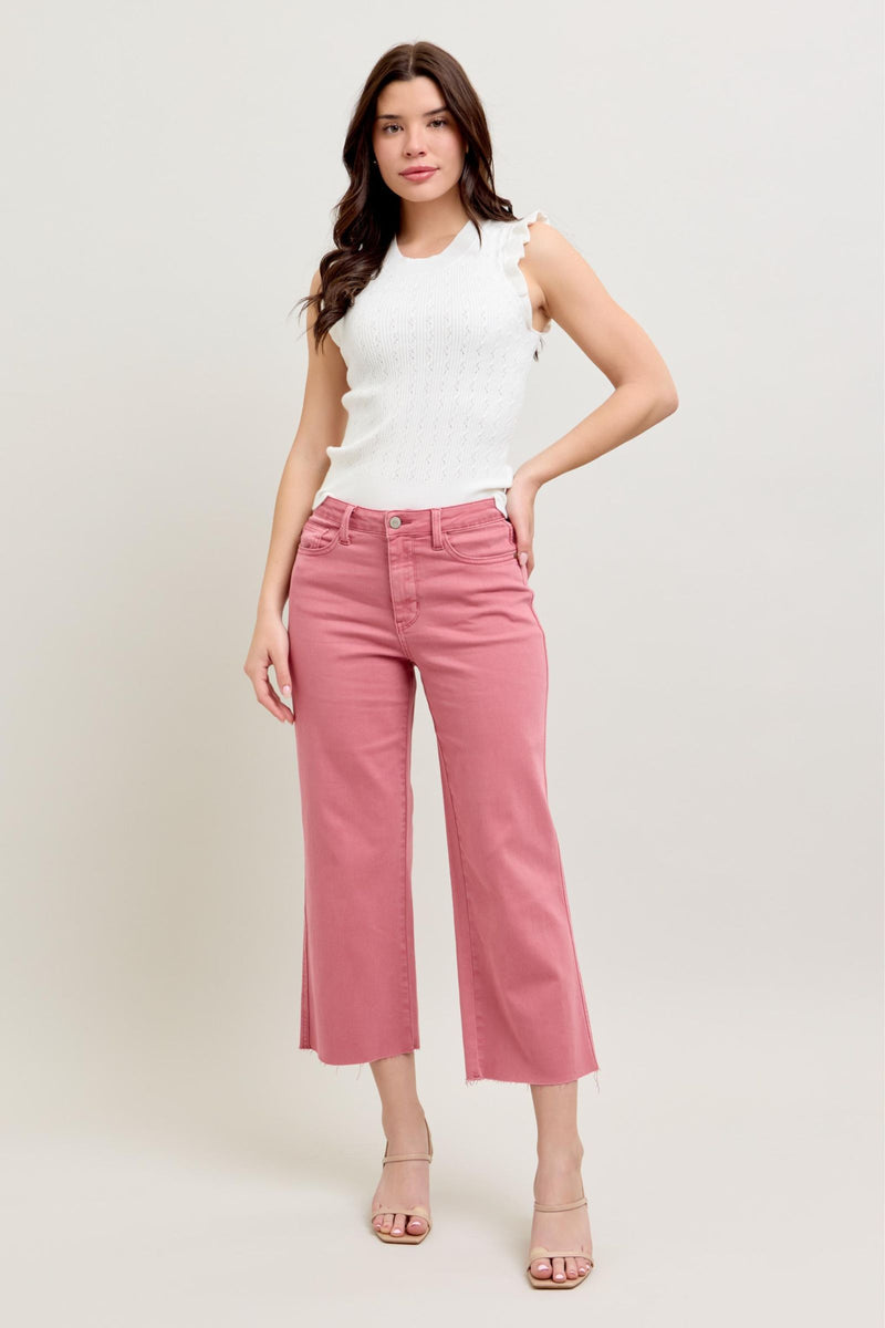 Judy Blue Rose Wide Leg Raw Hem Crop Jeans