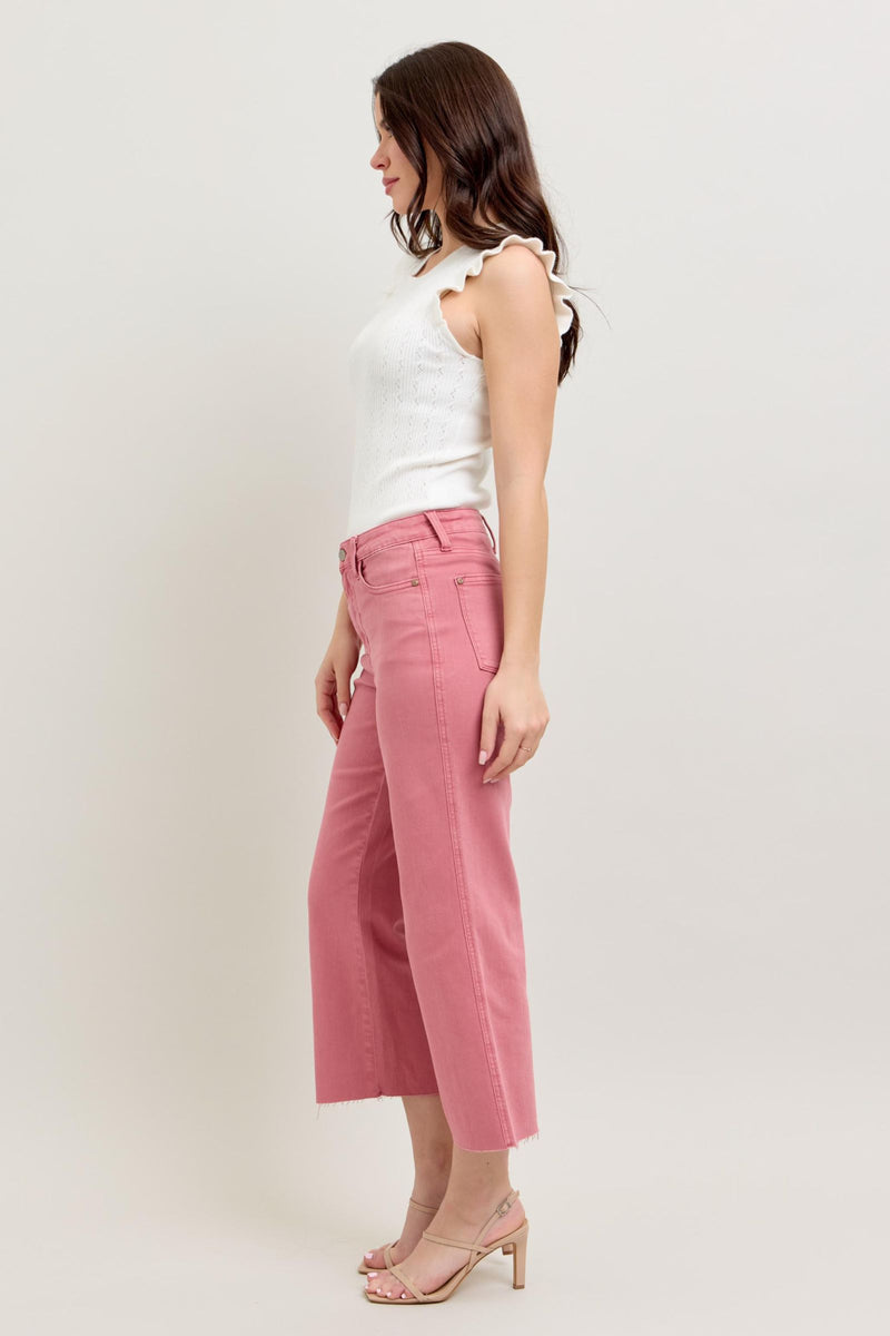 Judy Blue Rose Wide Leg Raw Hem Crop Jeans