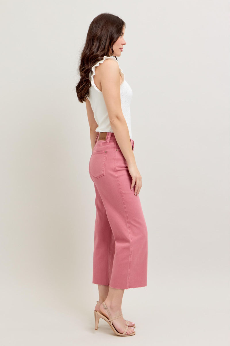 Judy Blue Rose Wide Leg Raw Hem Crop Jeans