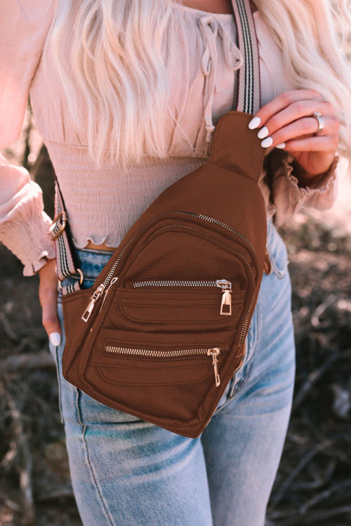 Brown Faux Leather Multi-pockets Chest Bag