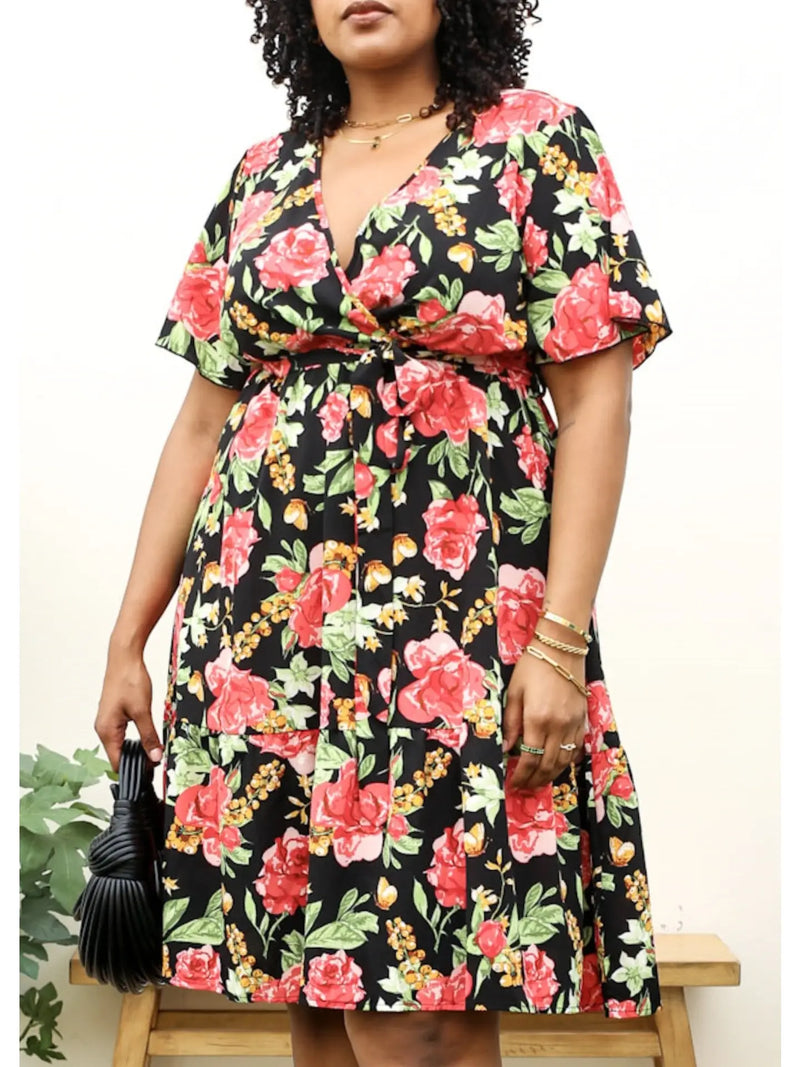 Plus Size Tropical Floral Print Midi Dress