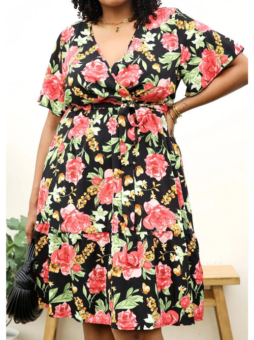 Plus Size Tropical Floral Print Midi Dress