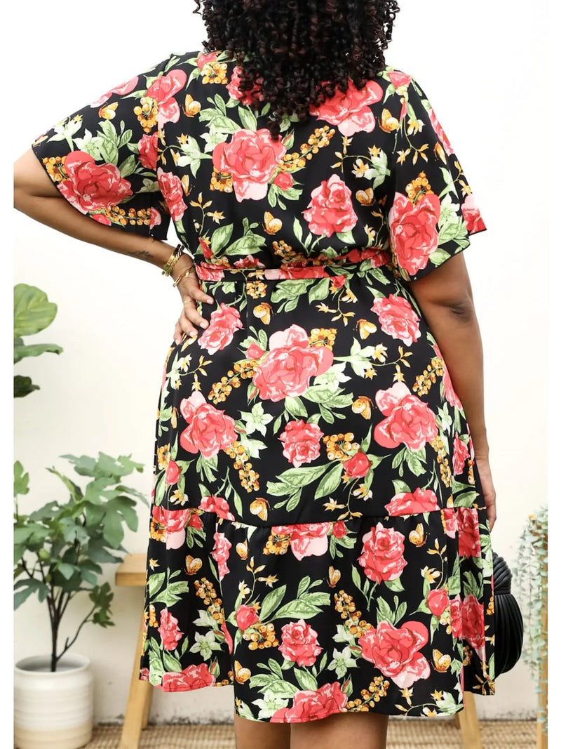 Plus Size Tropical Floral Print Midi Dress