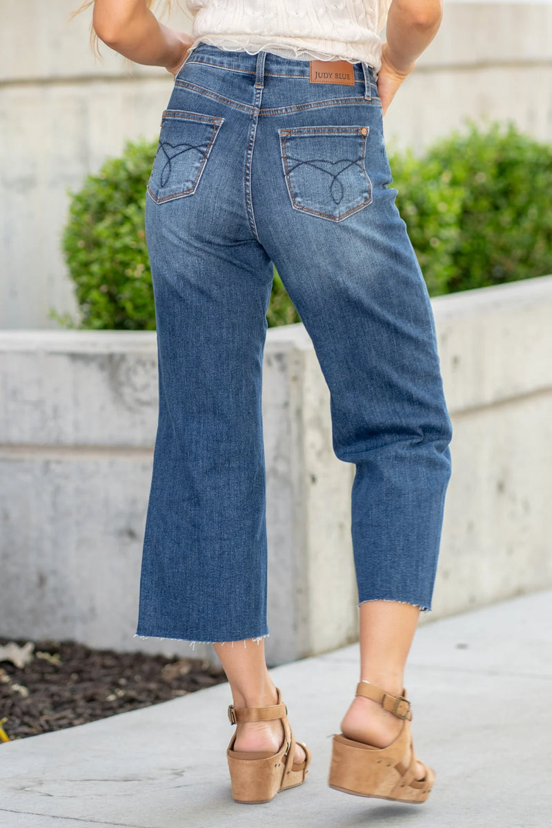 Judy Blue Wide Crop High Waist Embroidered Pocket Jeans
