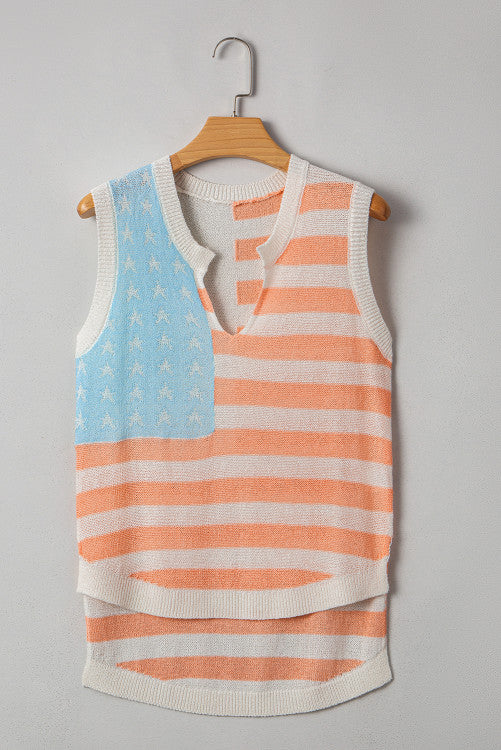 USA Flag Notched Neckline Loose Sweater