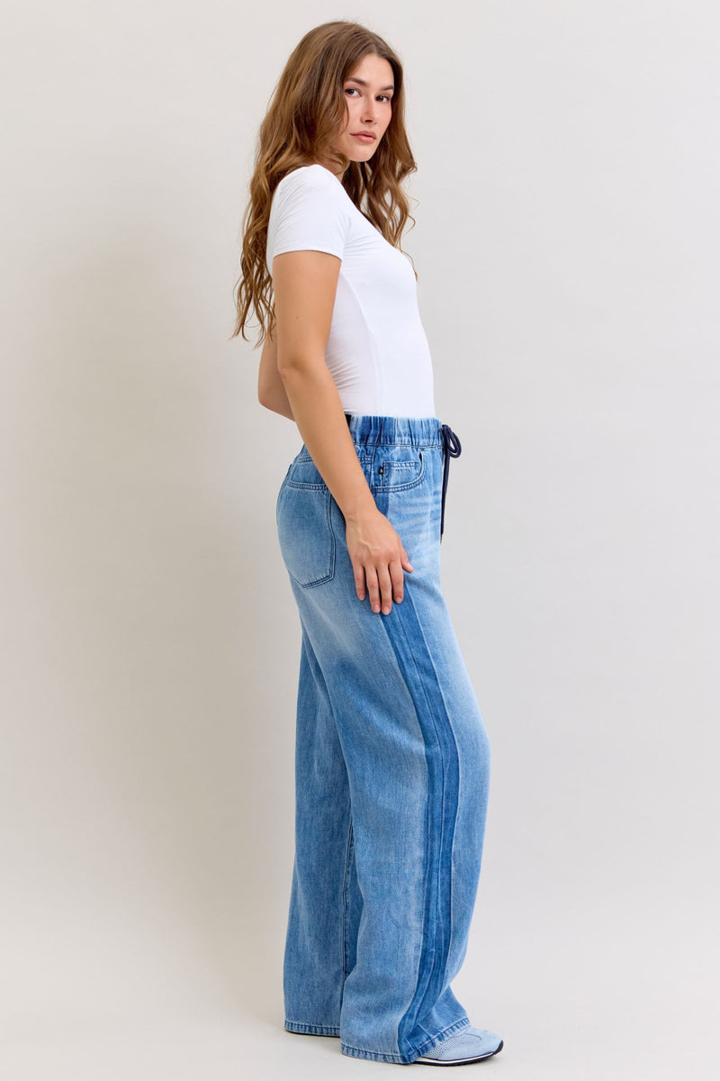 Judy Blue High Waist Wilhemina Elastic Waistband & Side Panel Denim Jeans