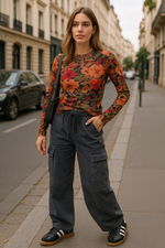 Floral Print Long Sleeve Mesh Top