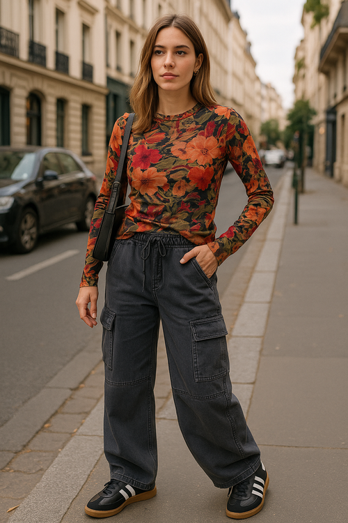 Floral Print Long Sleeve Mesh Top