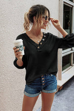 Waffle Knit Button V Neck Lantern Sleeve Top