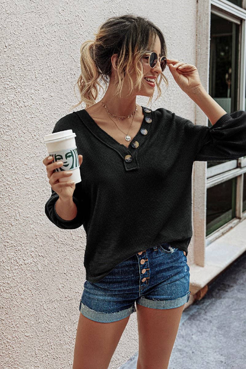 Waffle Knit Button V Neck Lantern Sleeve Top