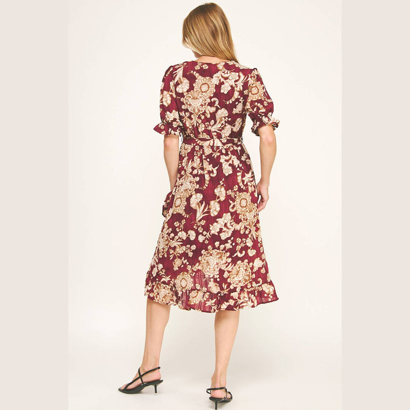 Autumn Red Floral Faux Wrap Dress