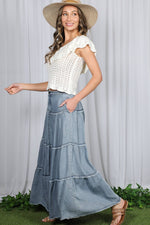 Tiered Fringe Hem Chambray Maxi Skirt