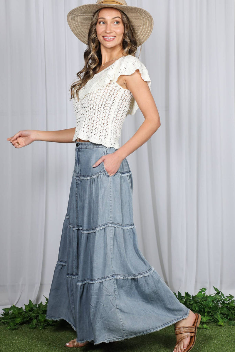 Tiered Fringe Hem Chambray Maxi Skirt