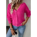Solid Fuzzy Fleece Button V Neck Cardigan