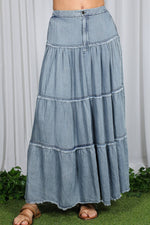 Tiered Fringe Hem Chambray Maxi Skirt