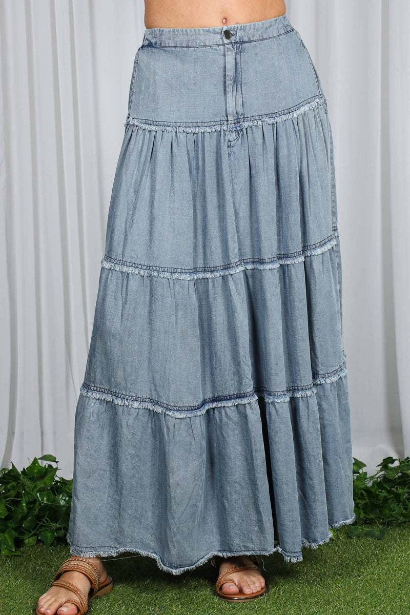 Tiered Fringe Hem Chambray Maxi Skirt