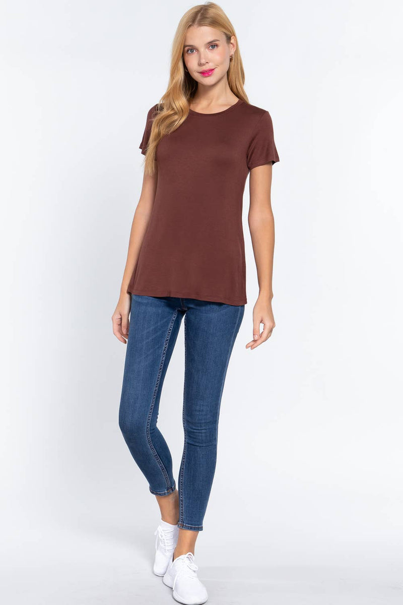 Crew Neck Rayon Spandex Tee in Dark Brown, Light Brown, and Black