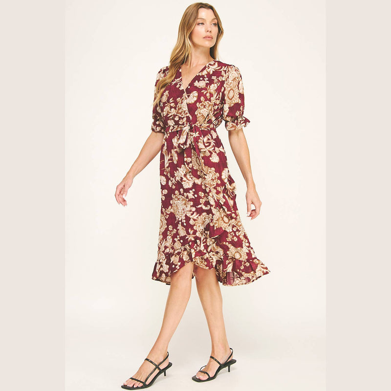 Autumn Red Floral Faux Wrap Dress