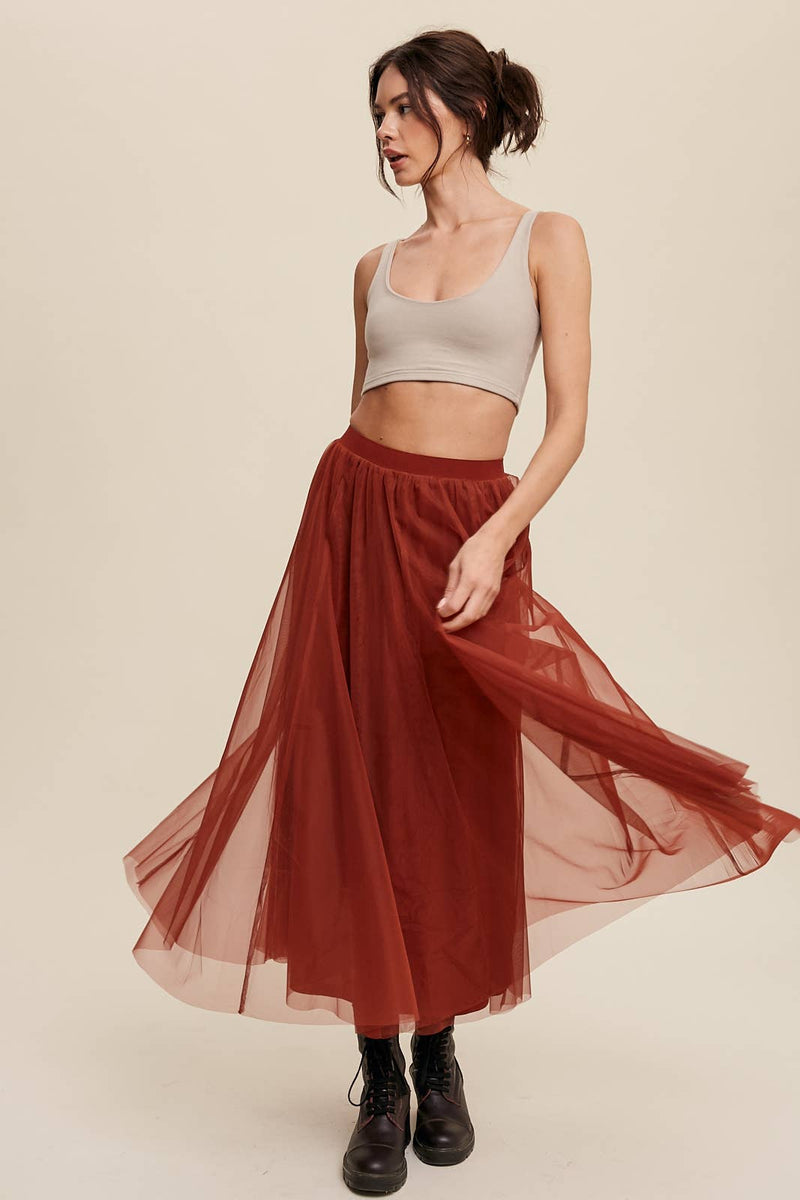 Rust Mesh Tulle Maxi Skirt