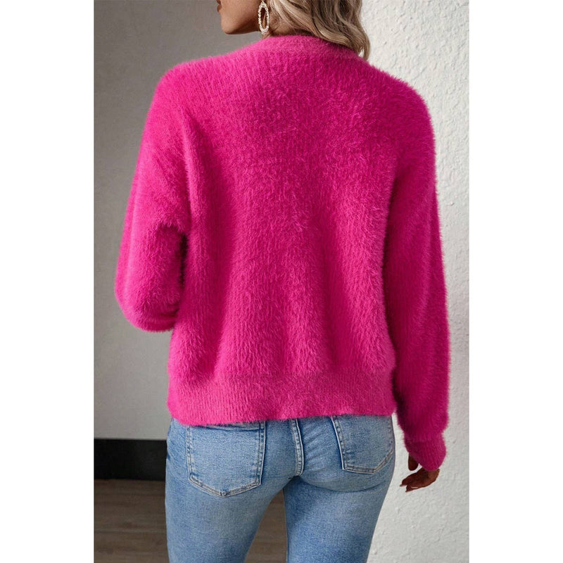 Solid Fuzzy Fleece Button V Neck Cardigan