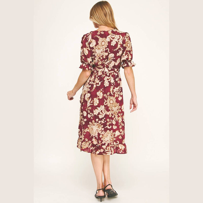 Autumn Red Floral Faux Wrap Dress