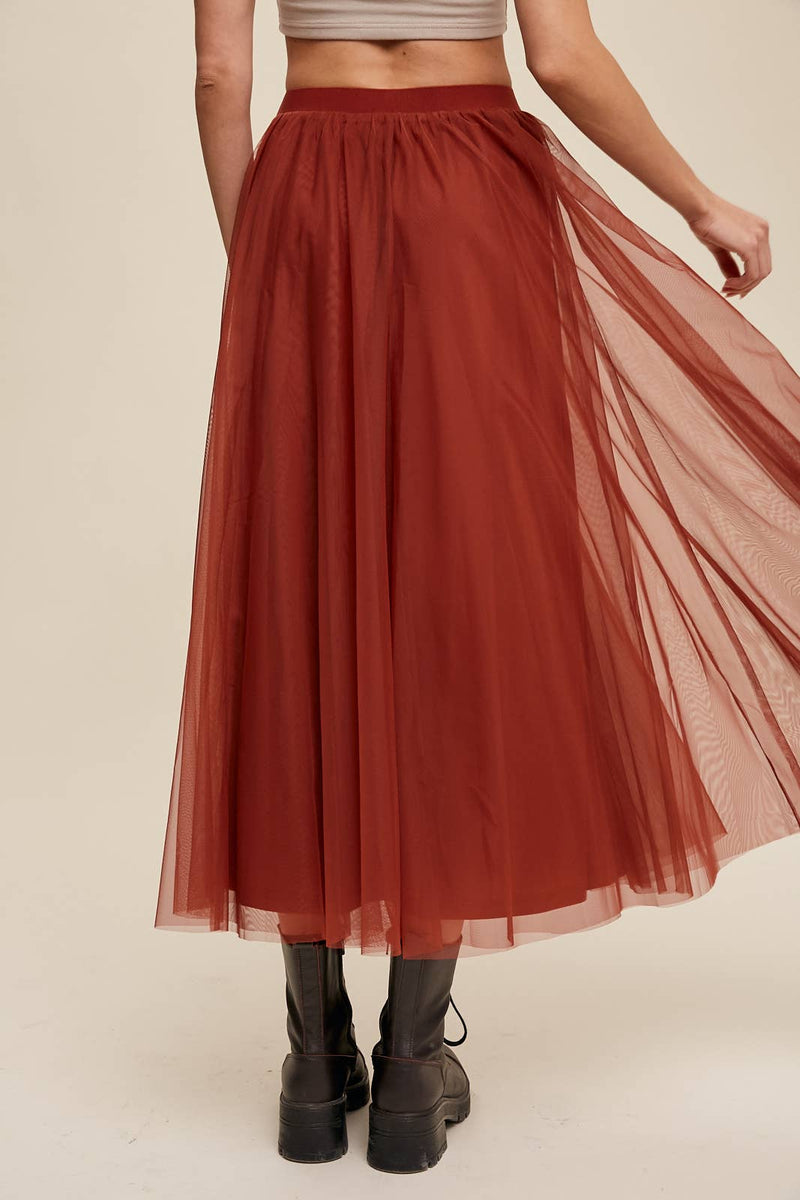Rust Mesh Tulle Maxi Skirt