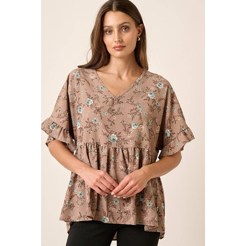 Floral Babydoll Blouse in Cream or Mocha