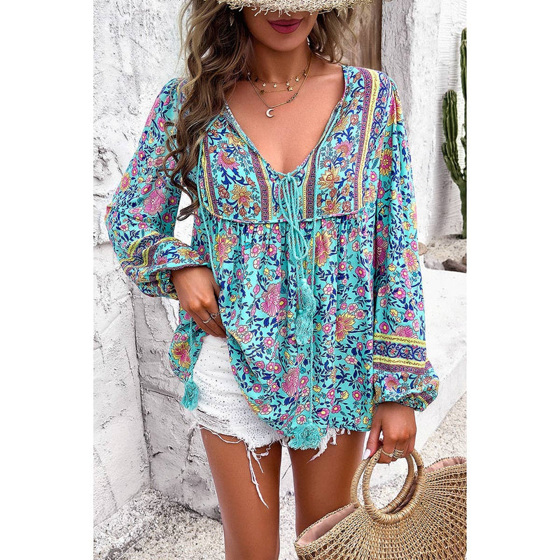 Teal Tassel Boho Blouse
