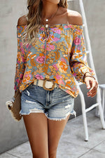 Off Shoulder Floral Blouse in Slate or Green