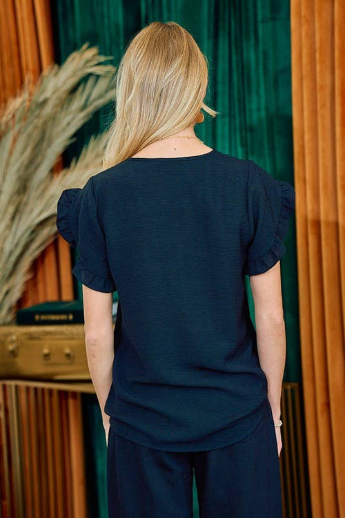 V-Neck Black Ruffle-Sleeve Blouse