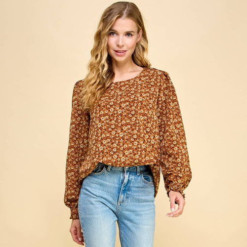Floral Printed Top with Smocked Sleeves Detail