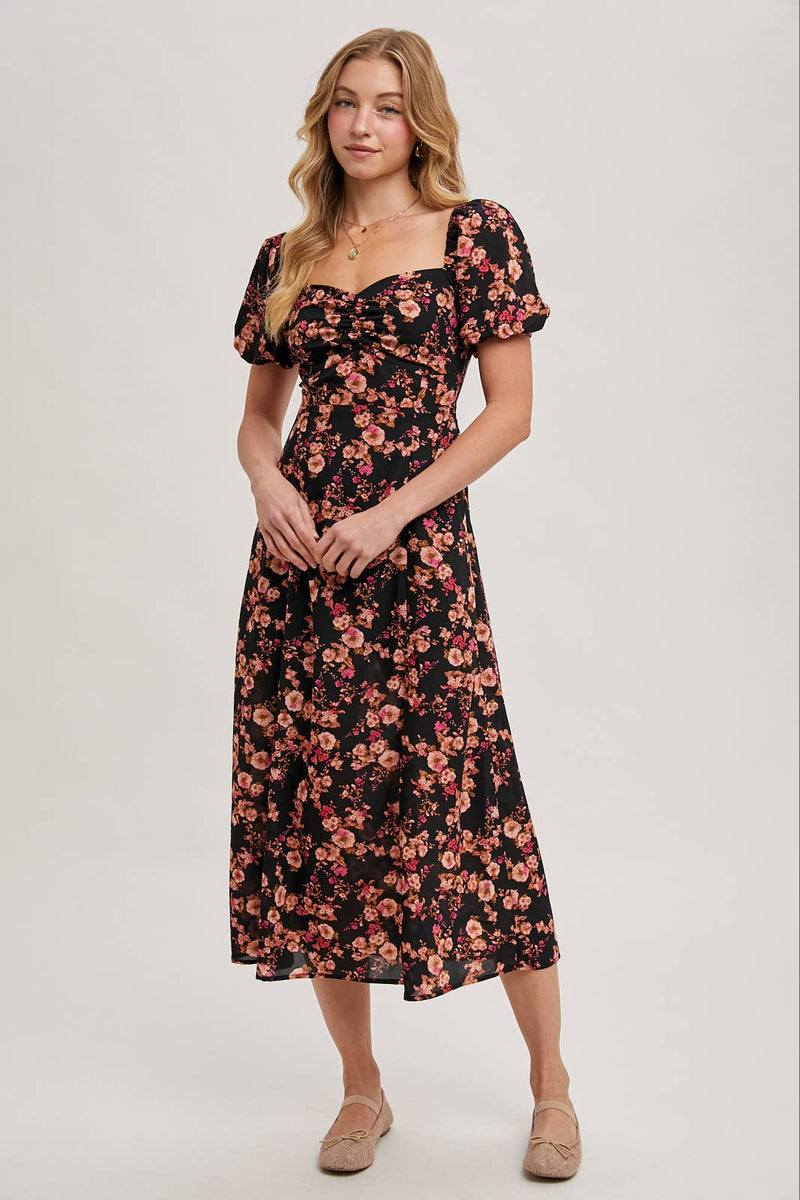 Floral Print Sweetheart Neckline Midi Dress