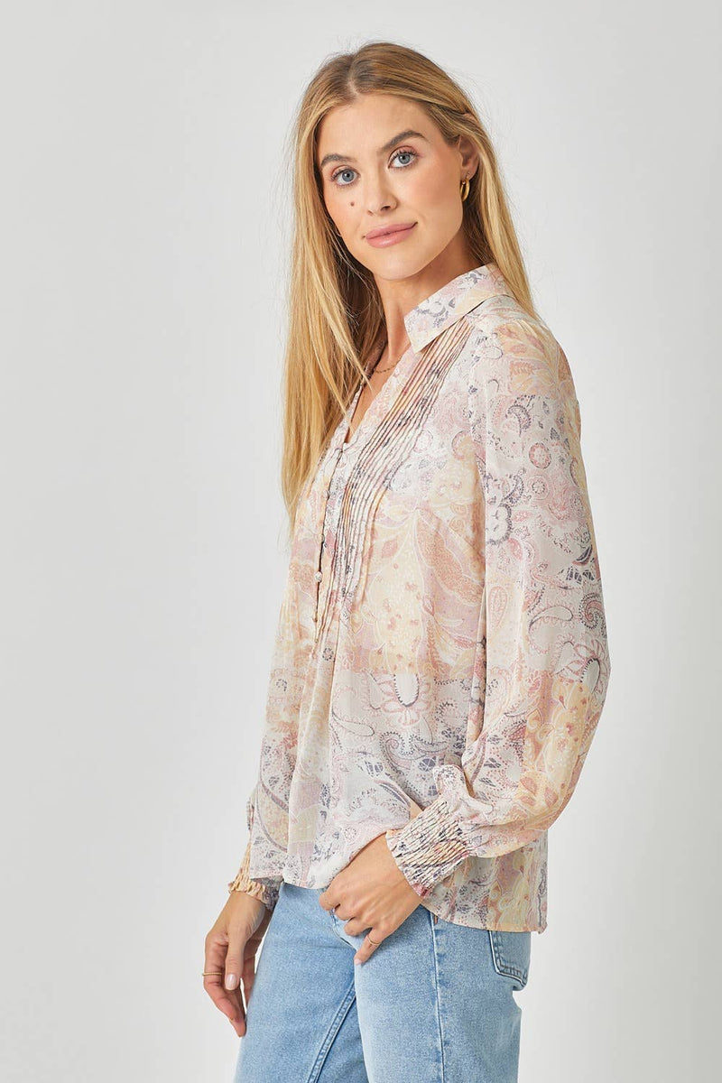 Sand Mix Pintuck Print Blouse